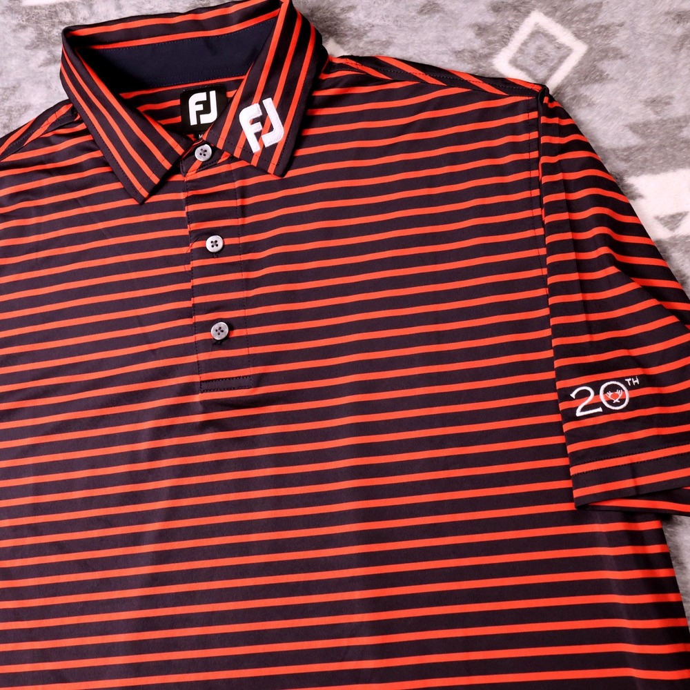 FootJoy Navy Orange Striped 20th Anniversary Golf Polo Mens Large Short Sleeve